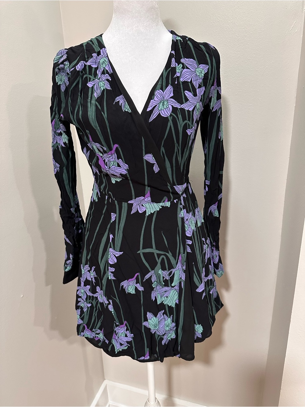 Sunday Best Black Wrap Mini Dress with Lavender Floral Print